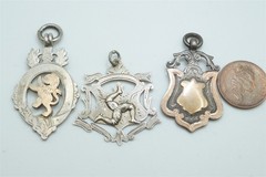 3 x ANTIQUE ENGLISH STERLING SILVER GOLD SHIELD FOB MEDALS / DOG TAGS