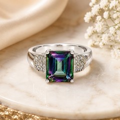 Vintage Sterling Silver 925 Mystic Topaz Ring Size 8.5 Emerald Cut 7g