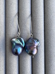 Black Baroque Pearl Earrings, Iridescent Peacock Color, Sterling Silver
