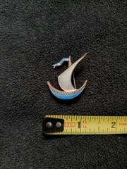 Enameled Sailing Ship Brooch, Pin. Blue and White