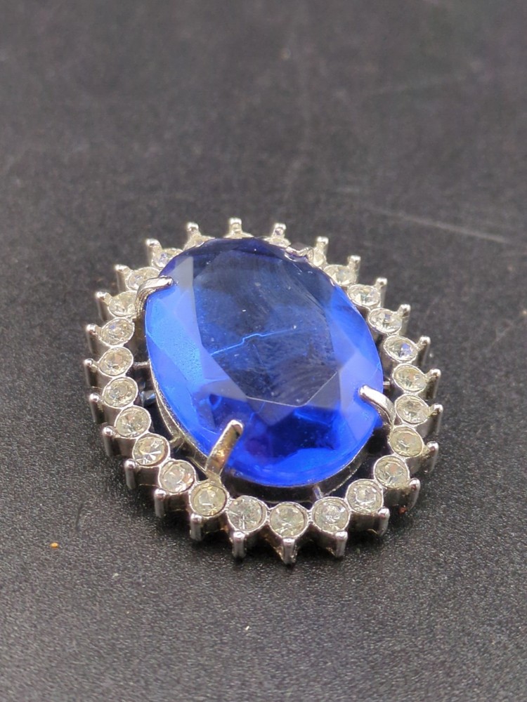 Vintage Sky Blue Oval Rhinestone Silver Tone Brooch Pendant 35mm