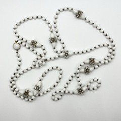 White Silver Glass Bead Necklace Made In Germany Floral Design Rope 56”
