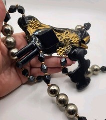 Signed Artist Made Kyna Black Lucite Large Beaded Unusual Double Sided Necklace