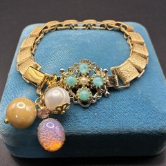 Vintage Faux Opal, Flower Panel, Japan Glass,onNew Victorian Book Chain Bracelet
