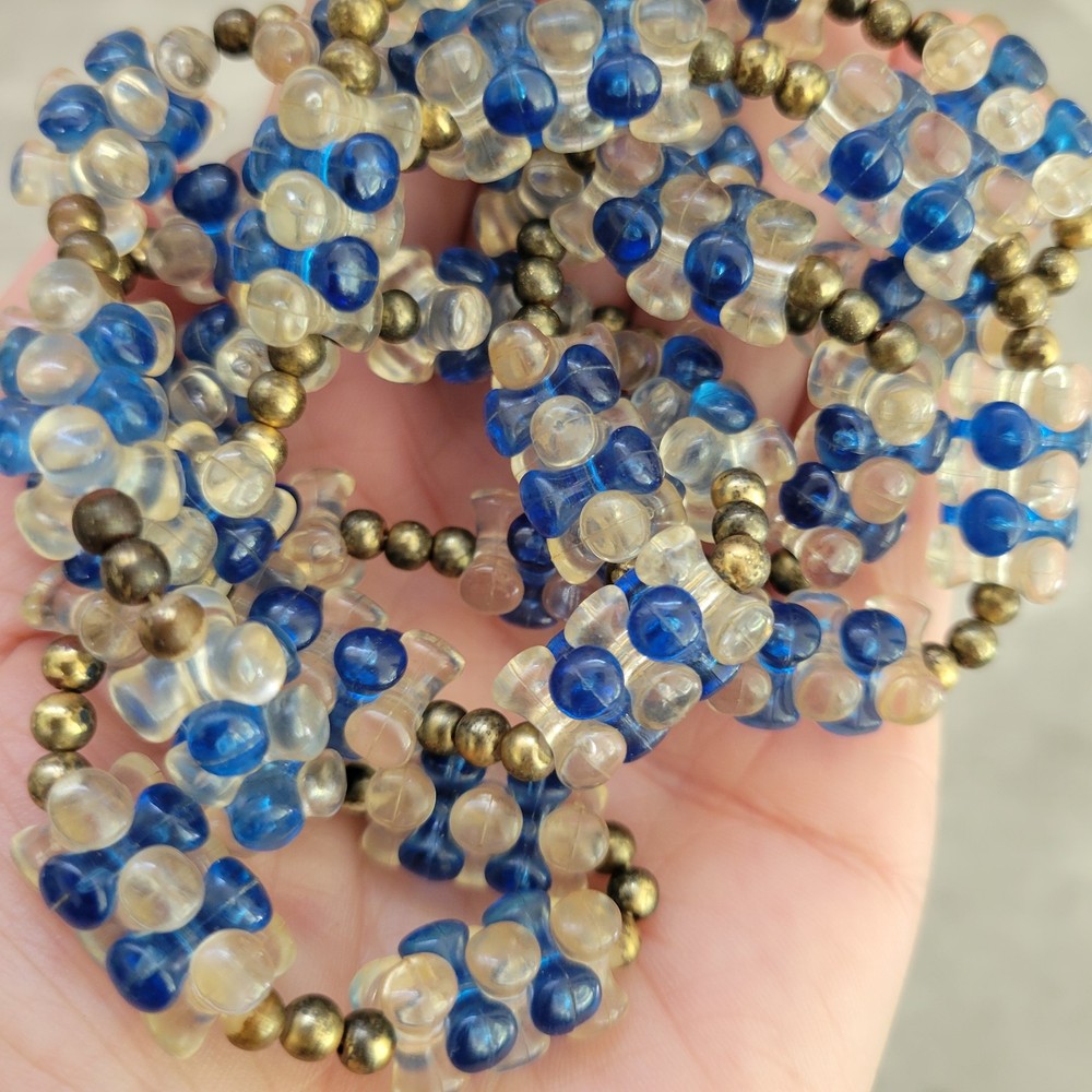 Vintage Blue Clear Plastic Bead Necklace Long Brass Spacers 32in Retro Mod Style