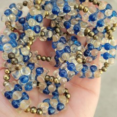 Vintage Blue Clear Plastic Bead Necklace Long Brass Spacers 32in Retro Mod Style