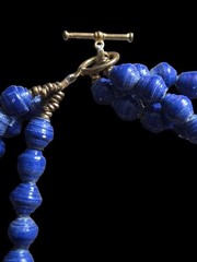 Vintage Lapis Blue Color 3 Strand With Brass Pendant Necklace