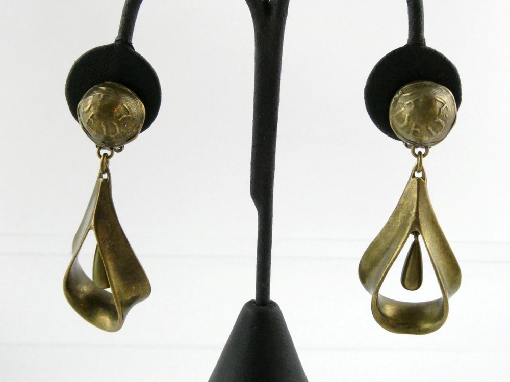 Vintage Donna Karan Brass Tone Metal Clip on Earrings DK Co Hallmark