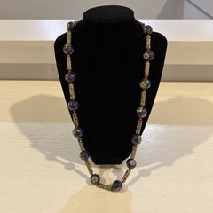 Vintage Cloisonne Chinese Cobalt Blue Floral Flower 25″ Beads Tubes Necklace