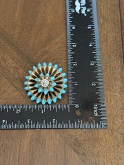 Vintage Mid-Century Turquoise Tone Clear Rhinestone Floral Brooch & Earrings Set