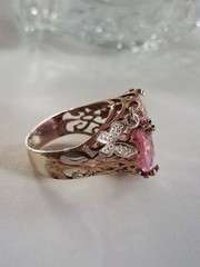 Pink Topaz CZ Statement Ring With Dangling Butterfly Charm 7 Sterling Silver