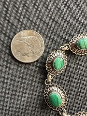 Vtg Sterling 925 Southwestern Style Concho Malachite Flower Bracelet, 7.5”