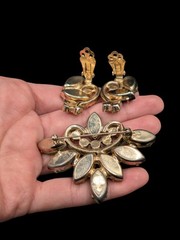 Verified Juliana Green Opal Blue Rhinestone Brooch Clip Earrings Set *Modified*