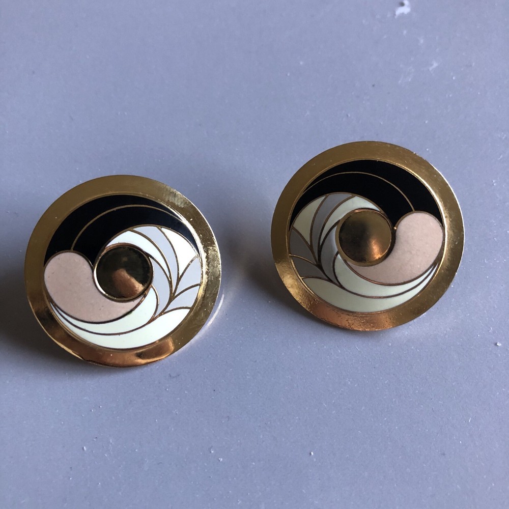 Vintage SAMUEL HUANG Round Swirl Gold Tone Enamel Earrings Pierced