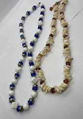 Lot 2 Pc Vtg Chunky Necklaces Blue Silver & White & Shell w Faux Amber Nuggets