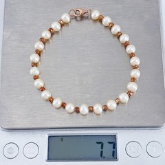 Vintage Rose Gold-Tone Sterling Silver 925 Pearl Bracelet 7.5″