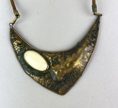 Vintage 60s 70s Handmade Brutalist Pendant Necklace Brass & Leather, Stone 15.5″