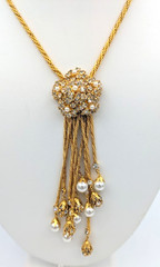 Vintage Rhinestone Tassel Necklace Earrings Set Glass Pearl Dangle (READ)