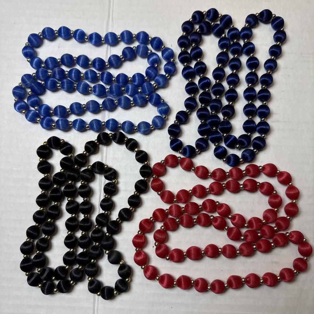 Beaded Necklaces Satin & Silk Vintage – Lot of 4 Red Black Dark Blue Light Blue