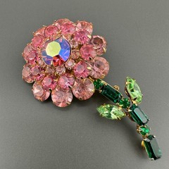 Vintage Judy Lee Rhinestone Flower Brooch Shades of AB Pink Green Long Stem READ