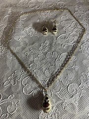 Vintage Gold Tone Cloisonné Floral Enamel Pendant Necklace And Matching Earrings