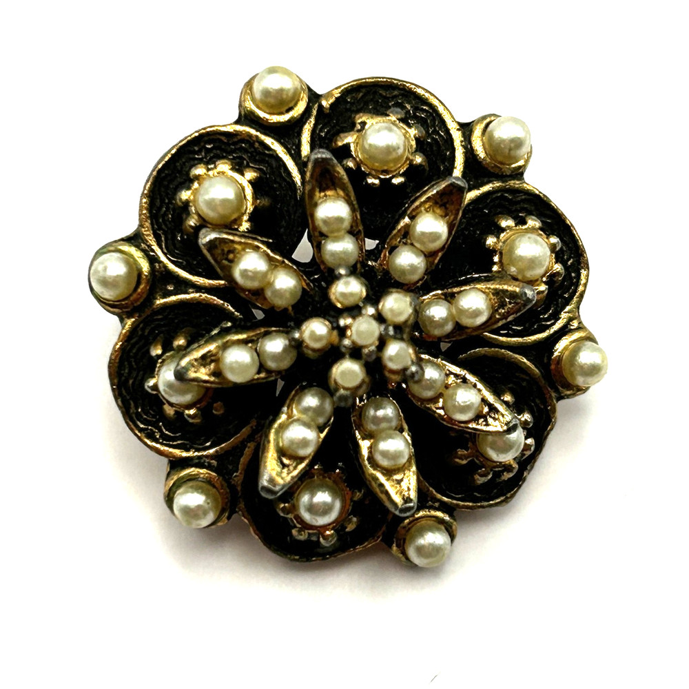 Vintage Brooch Seed Pearl Layered Flower Victorian Revival Mid Century