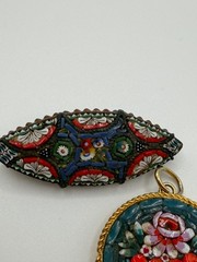 Vintage Italian Micro Mosaic Floral Brooch Hexagon Brass Pin & Pendant