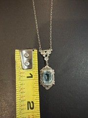 Vtg Art Deco Rhodium Plated Faceted Aquamarine Glass Filigree Pendant Necklace