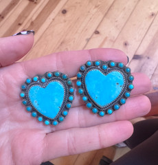 🩵 Vintage Turquoise Heart Earrings Sterling Native Zuni Style Cluster Halo OOAK