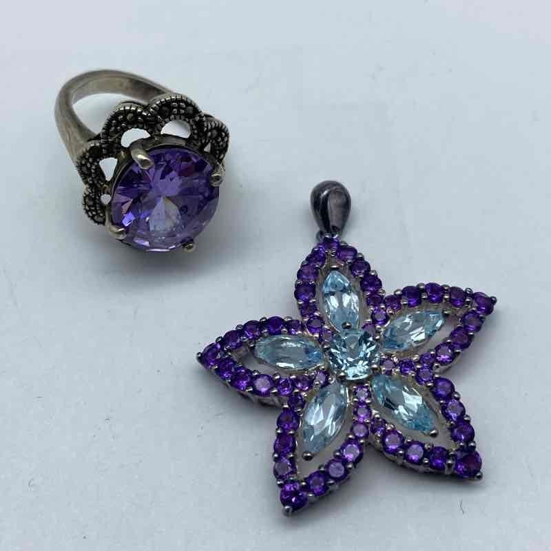 Sterling Silver 925 Amethyst Blue Topaz Ring Pendant Jewelry Lot 18.1g Size 6.25