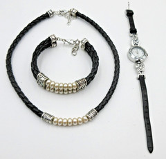 VTG Set Lot PREMIER DESIGNS NECKLACE BRACELET WATCH Faux pearl black silver tone