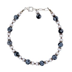 Vintage Sterling Silver 925 Snowflake Obsidian Pearl Beaded Bracelet 7.5″-8.25″