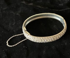Vintage Pavé Set Clear Rhinestones Silver Tone Hinged Cuff Bracelet Safety Chain