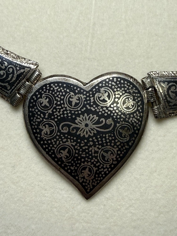 900 Silver Niello Heart Collar 18” Necklace Ornate Inlay Double Strand