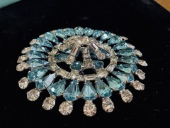 Rhinestone Brooch Domed Pin Round Circle Blue/Baguette Vintage Style Jewelry Xlg