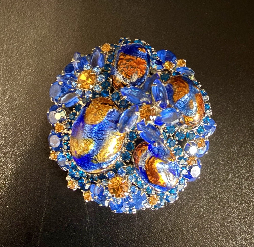 Vintage Juliana D&E Blue Gold Fluss Art Glass Rhinestone Brooch RARE Book Piece