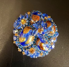 Vintage Juliana D&E Blue Gold Fluss Art Glass Rhinestone Brooch RARE Book Piece