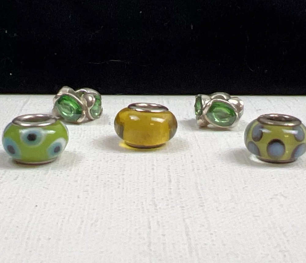 5 Sterling 925 Silver Green Blue White Yellow Glass Murano? Slide Charms