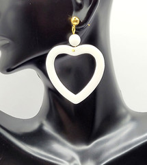 White Heart Open Center Bead Drop Dangle w Ball Stud Gold Tone Vintage Earrings