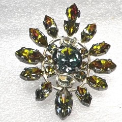 Vintage Watermelon Rhinestone Brooch Pin Faceted Sunburst Silver Tone