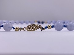 Vintage Blue Lace Agate & Lapis Beaded Necklace 14K Gold Clasp 30in