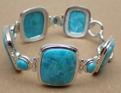 JTV Turquoise Link Bracelet Cushion Oval & Round Stones Sterling Silver 8-1/2″