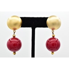 Vintage Dangle Beaded Earrings Chunky Drop Brushed Gold Red Retro 1980s BinBF