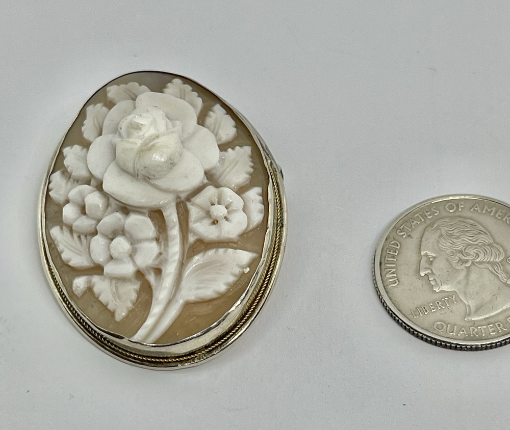Vintage Carved Shell Rose Cameo Brooch Pendant High Relief 800 Silver Frame