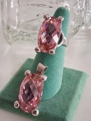 Vtg Faceted Pink Topaz Quartz Statement Ring & Pendant Set Sz 8 Sterling Silver