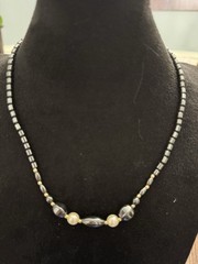 Vintage Hematite Faux Pearl Beaded Necklace Black Silver Gold Tone