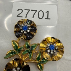 Vintage Pot Metal Enamel Rhinestone Flower Brooch Gold Tone READ