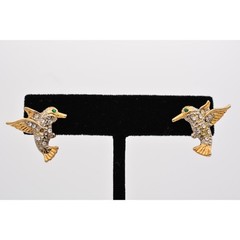 Vintage Hummingbird Earrings Stud Rhinestone Crystal Pave Gold Tone 1990s BinAZ