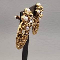 Vintage Hoop Earrings Wire Openwork Faux Pearls 1 3/8″