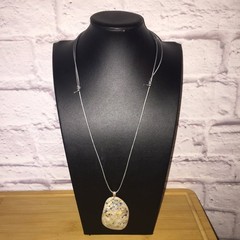 Natural Stone Pendant Necklace Silver Tone Cord Bohemian